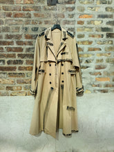 Load image into Gallery viewer, Chic modern trench coat. Tan and black trench coat. Hand painted luxe coat. Fit and flare artsy great quality. Wearable art, timeless, and warm.