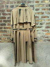 Load image into Gallery viewer, Chic modern trench coat. Tan and black trench coat. Hand painted luxe coat. Fit and flare artsy great quality.