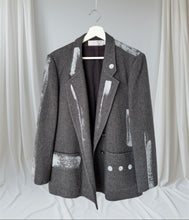 Load image into Gallery viewer, Grey 100% wool vintage women's blazer. A structured blazer painted with bold abstract art in metallic. Chic, timeless blazer. Upcycled blazer trending grey double breasted.