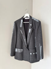 Load image into Gallery viewer, Grey 100% wool vintage women's blazer. A structured blazer painted with bold metallic paint, abstract brushstrokes. Chic, timeless blazer. Upcycled blazer trending grey double breasted. 
